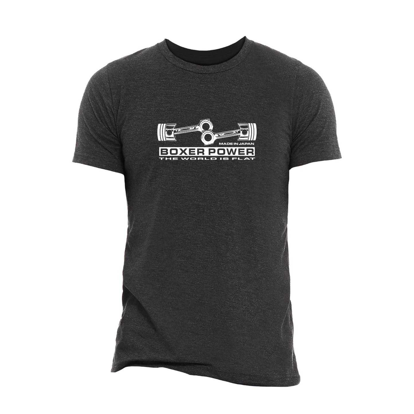 Black t-shirt with white graphic and text on a white background