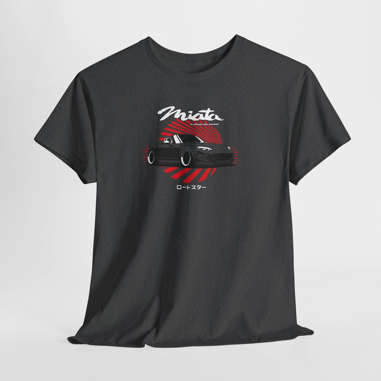 Black t-shirt with a car graphic and 'Miata' text on a white background