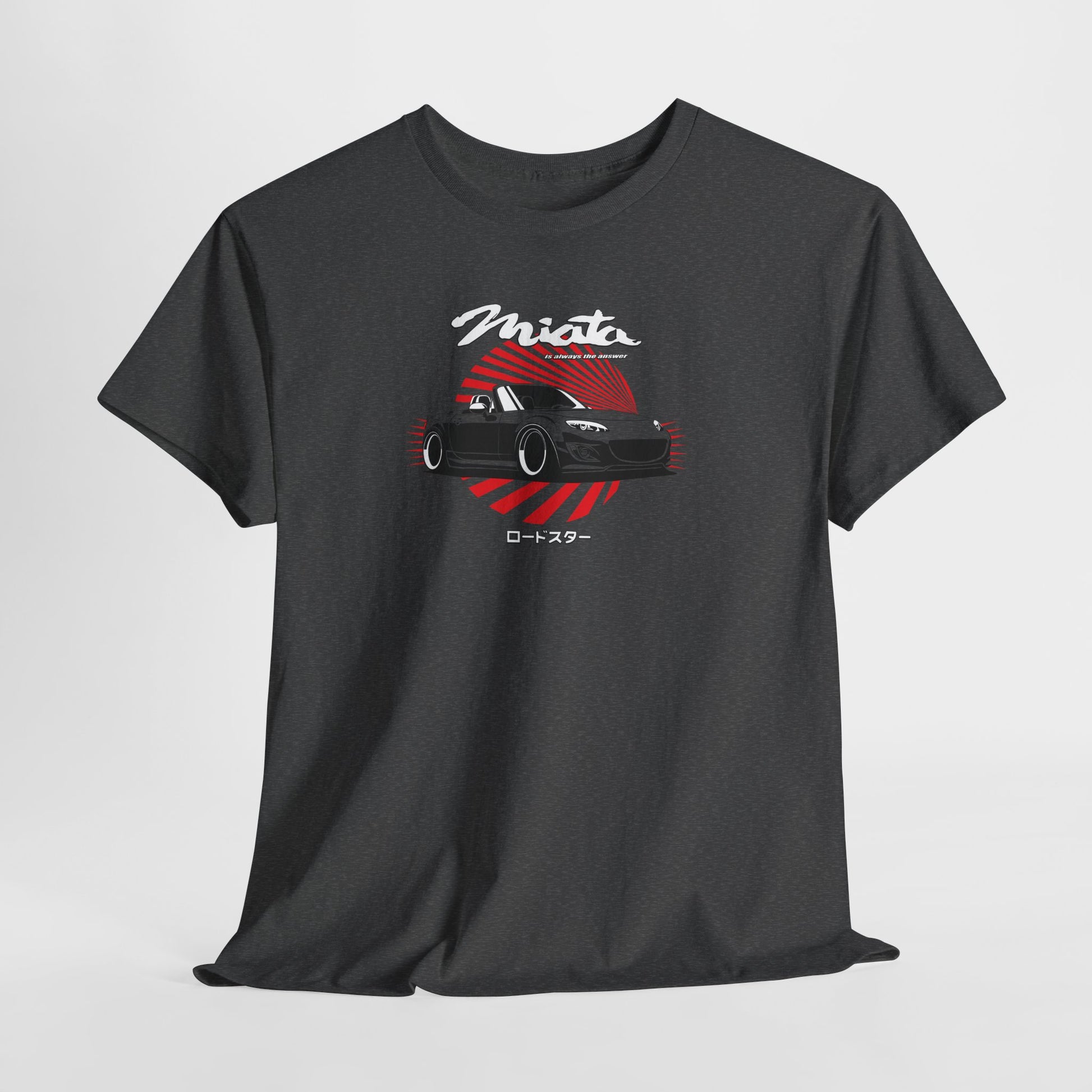 Black t-shirt with a car graphic and 'Miata' text on a white background