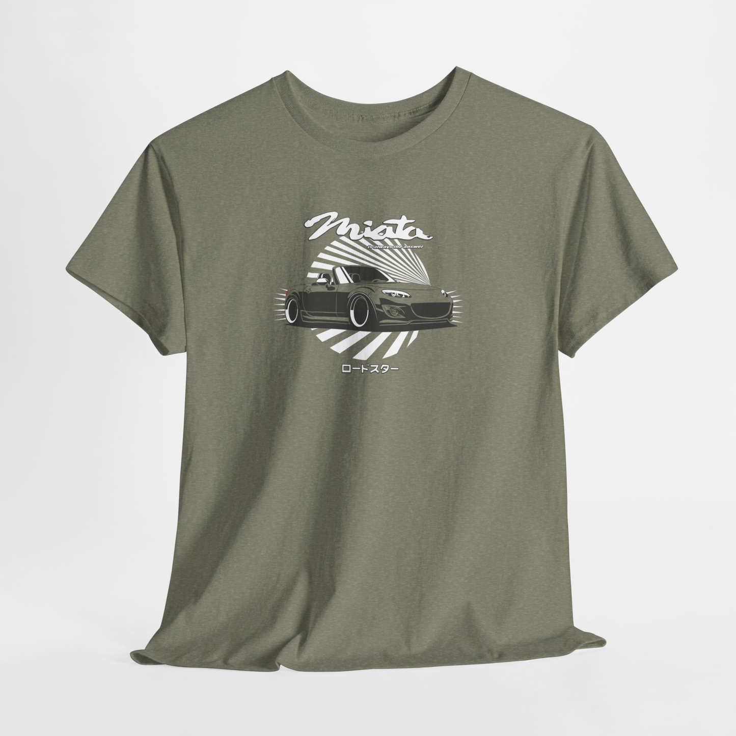 Green t-shirt with a car graphic and 'Miata' text on a white background