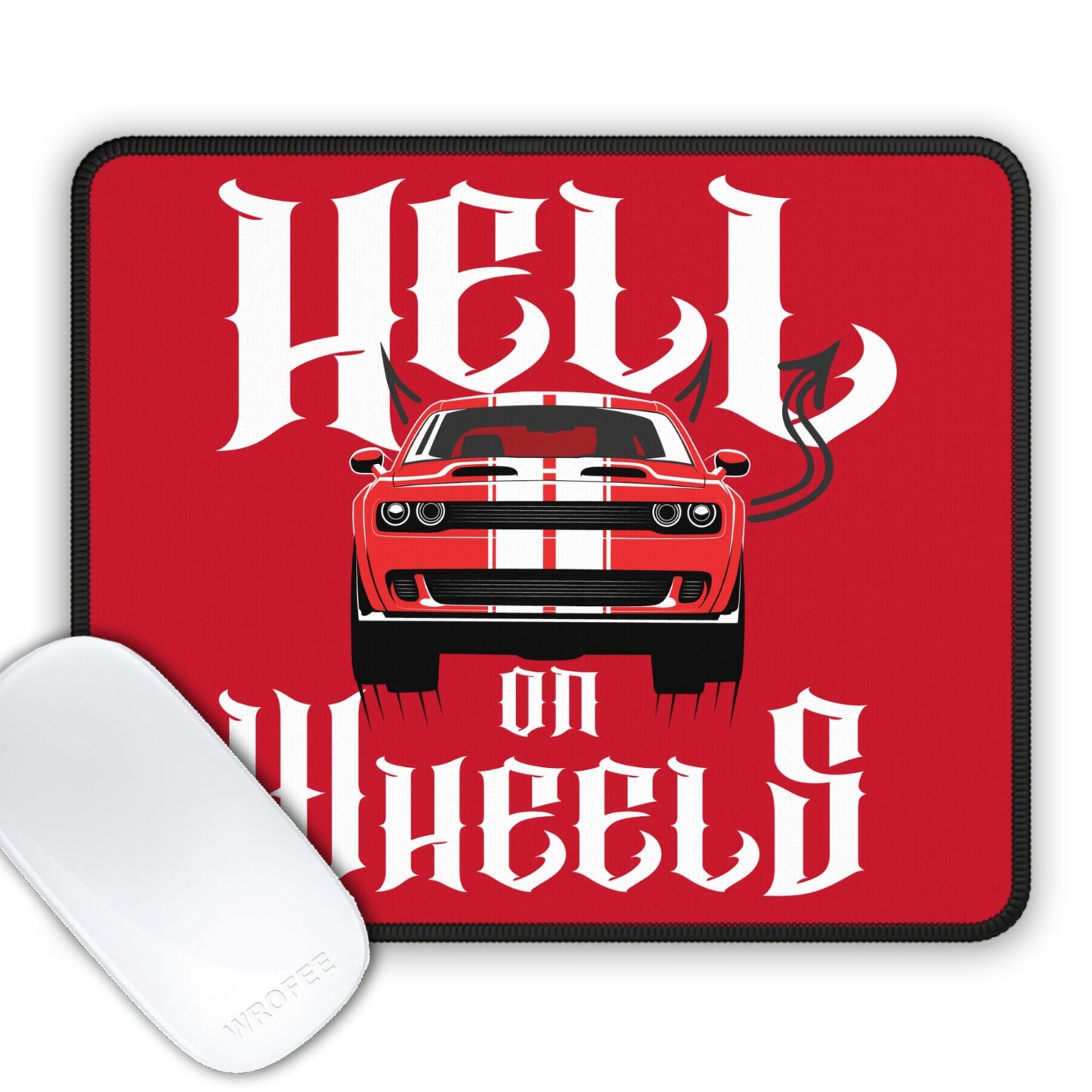 Red mouse pad with a 
challenger muscle car graphic and text on a white background