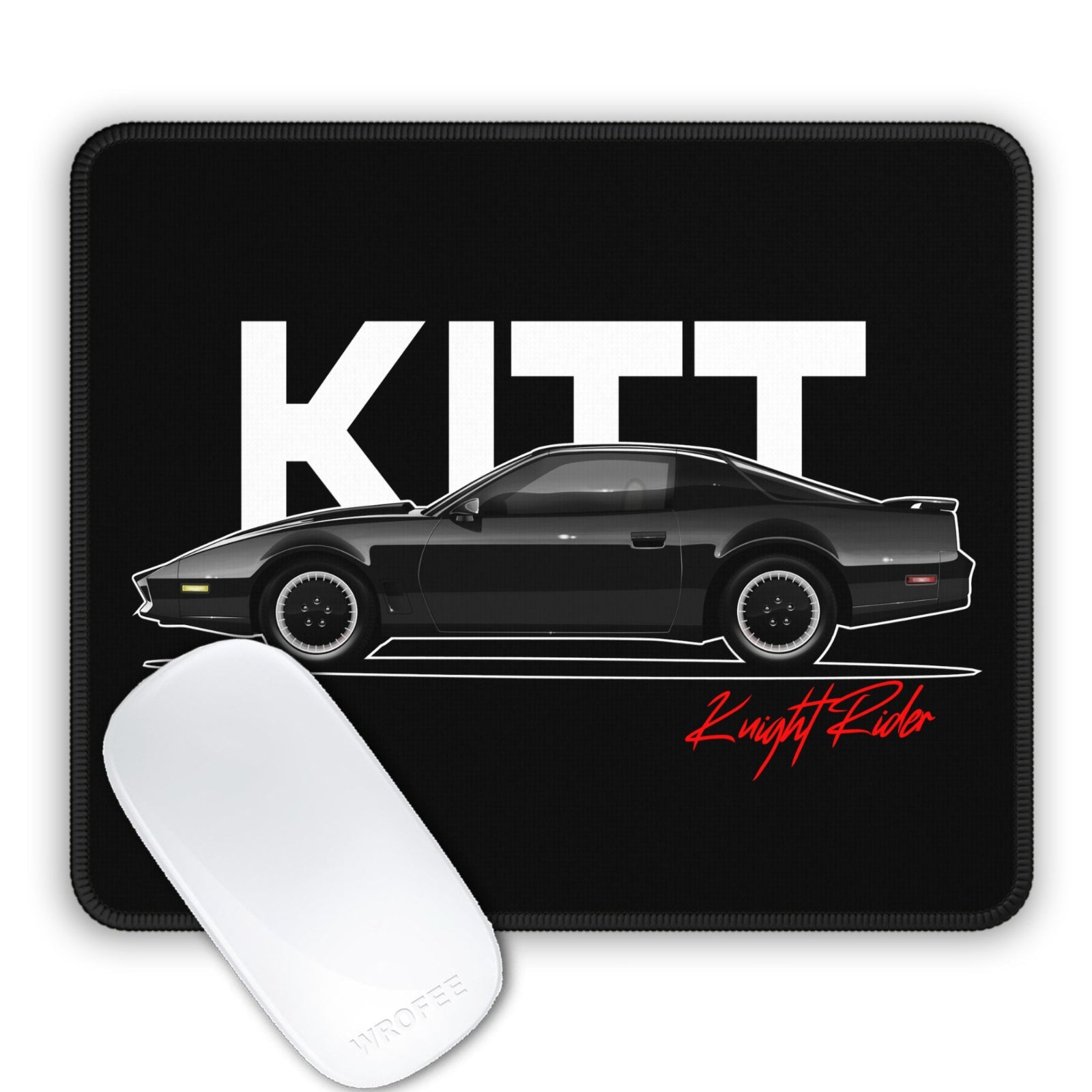 Mouse pad with 'KITT' and 'Knight Rider' design on a black background
