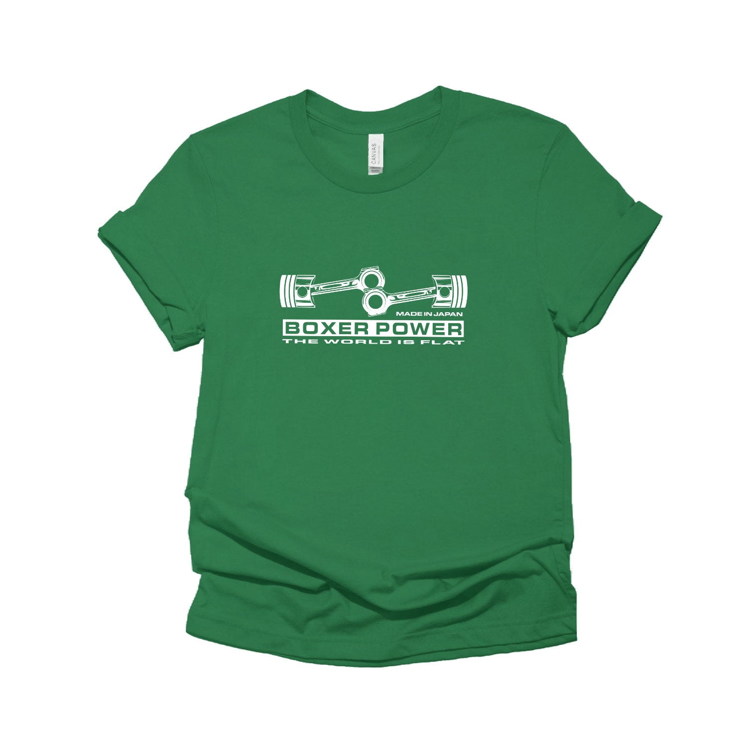 Green t-shirt with white graphic and text on a white background