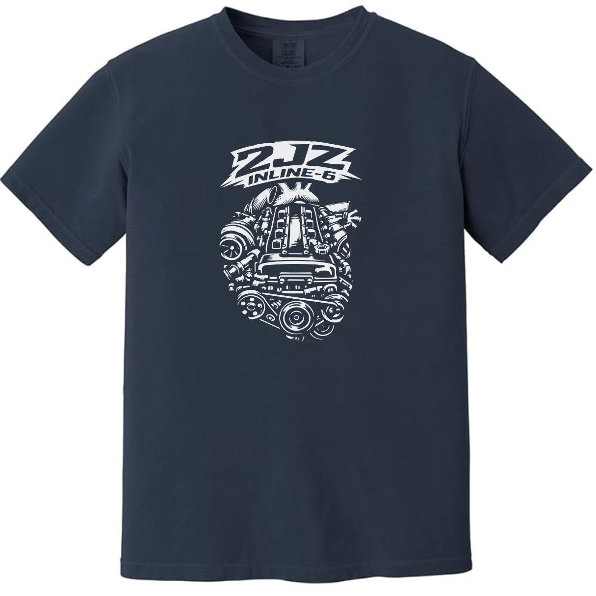 Navy blue t-shirt with 2jz-engine graphic design on a white background