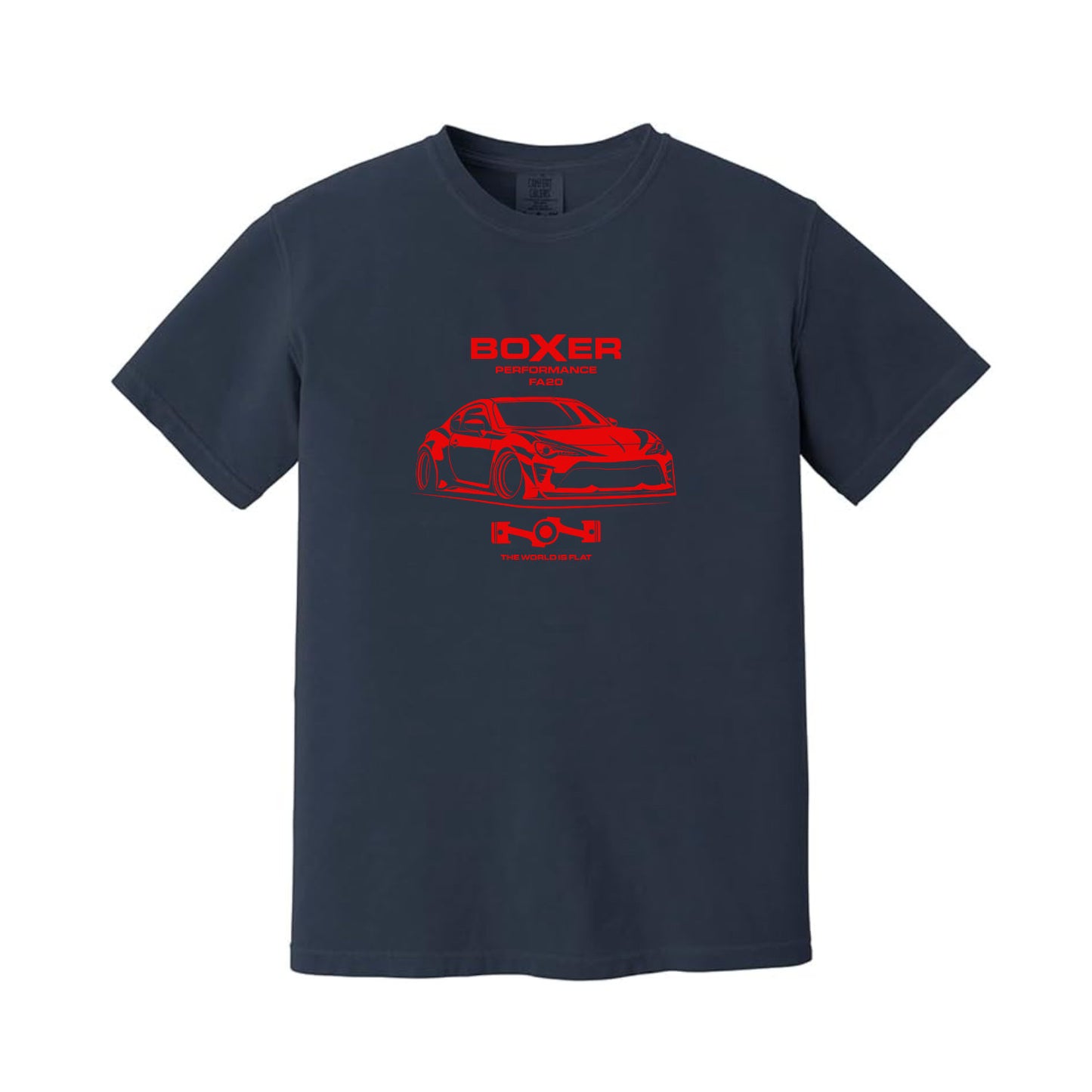 Navy blue t-shirt with red car graphic and 'BOXER Engine Performance' text on a white background