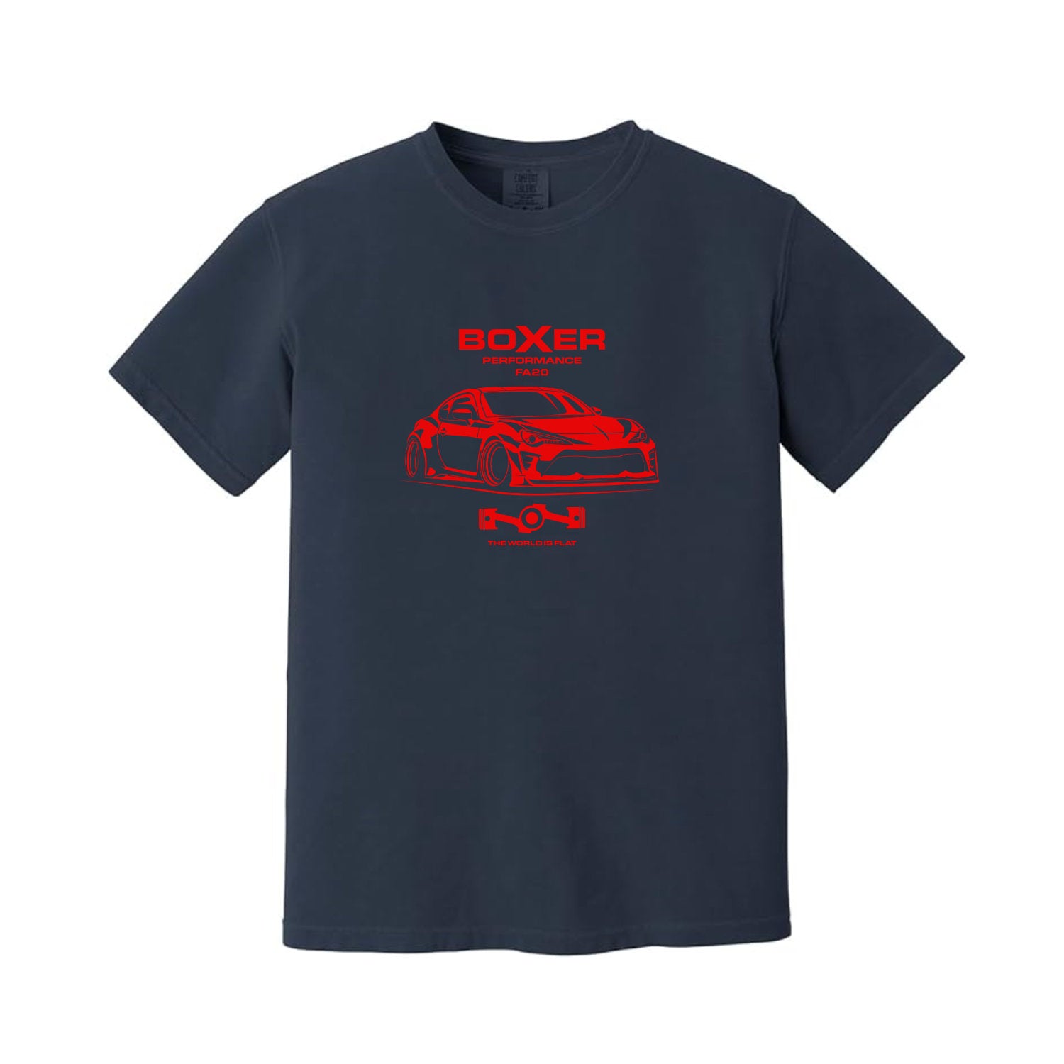 Navy blue t-shirt with red car graphic and 'BOXER Engine Performance' text on a white background