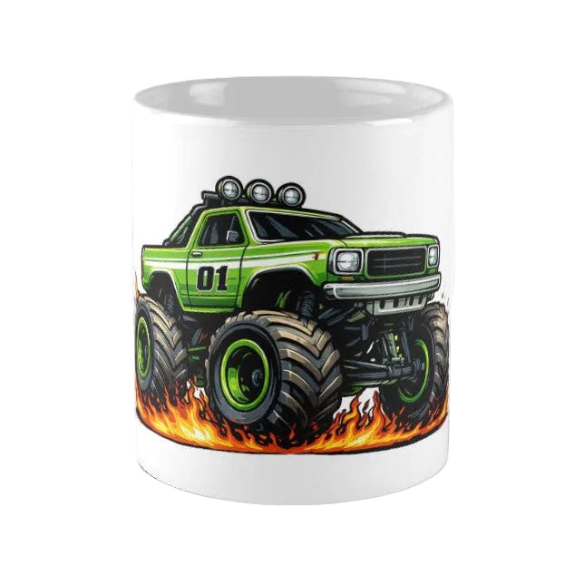Mug with a green monster truck design on a white background