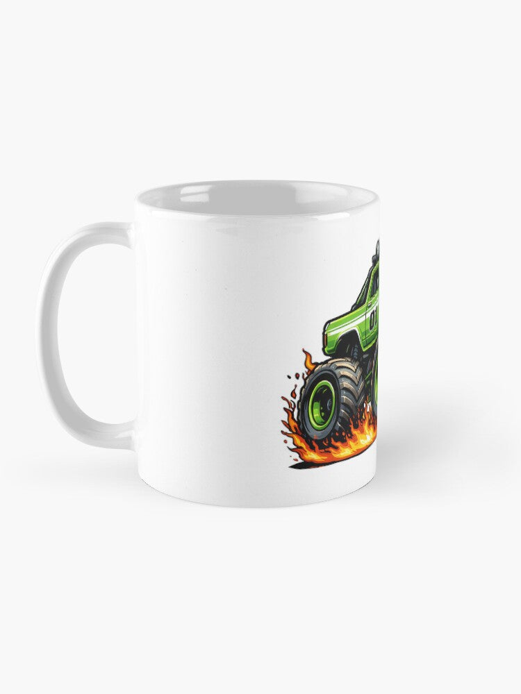 White mug with a green monster jam truck design on a white background