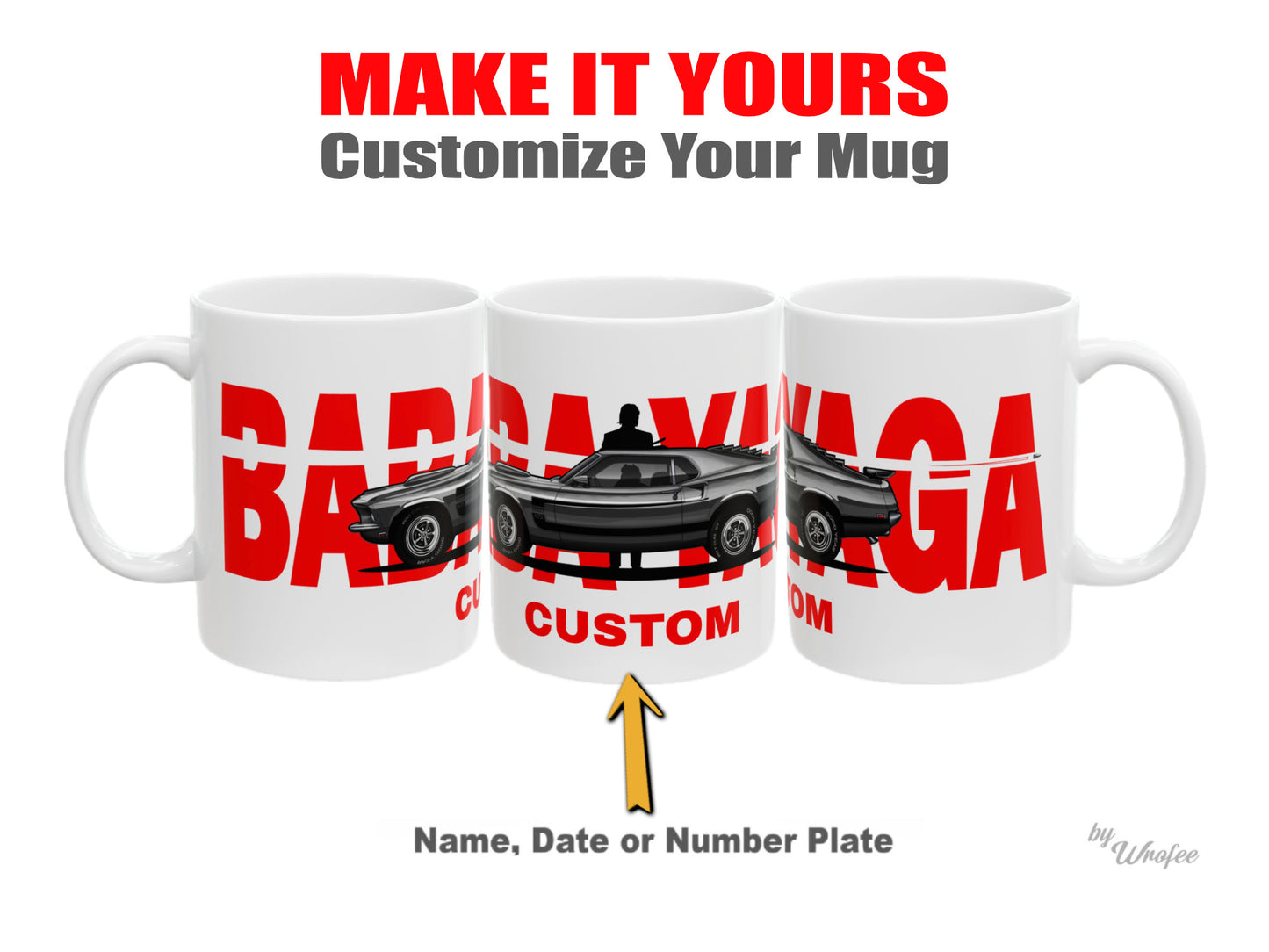 Three white mugs with red text and a muscle car graphic, promotional for customization.