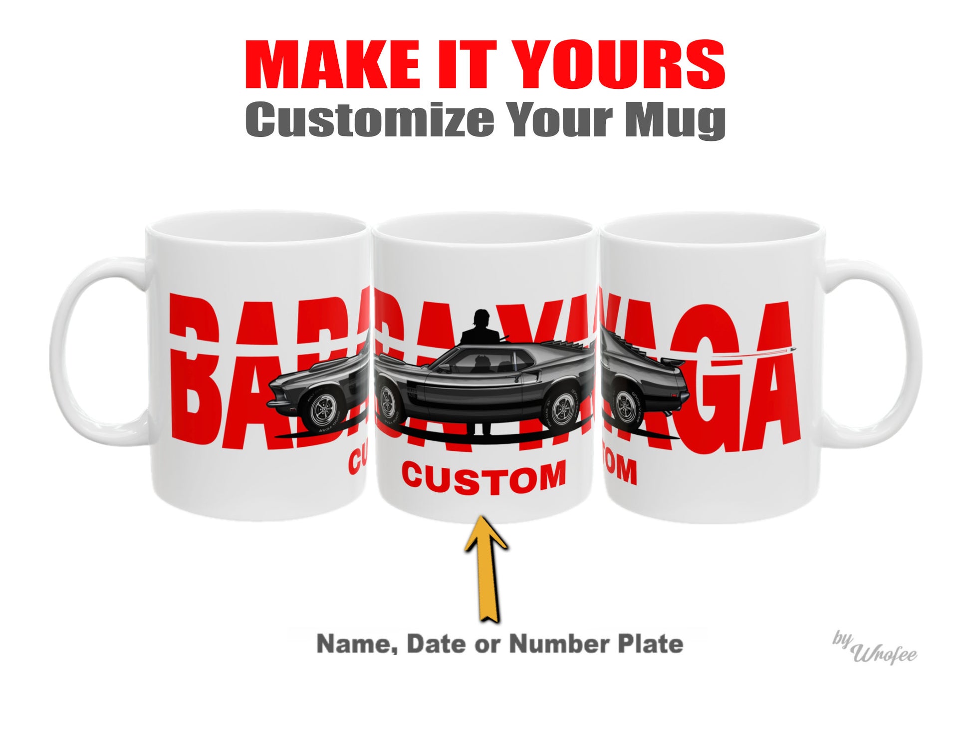 Three white mugs with red text and a muscle car graphic, promotional for customization.