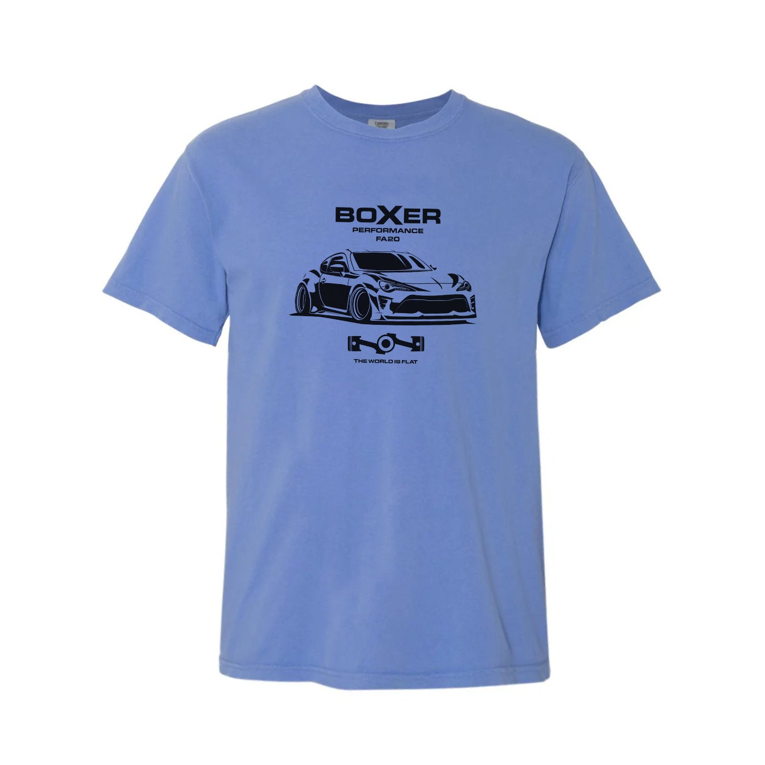 Light blue t-shirt with black car graphic and 'Boxer Performance Parts' text on a white background