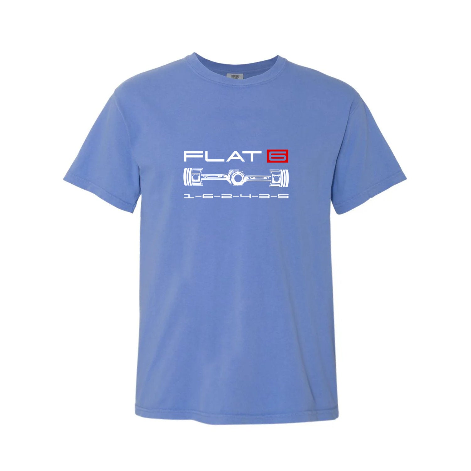 Blue t-shirt with 'FLAT 6' graphic design on a white background