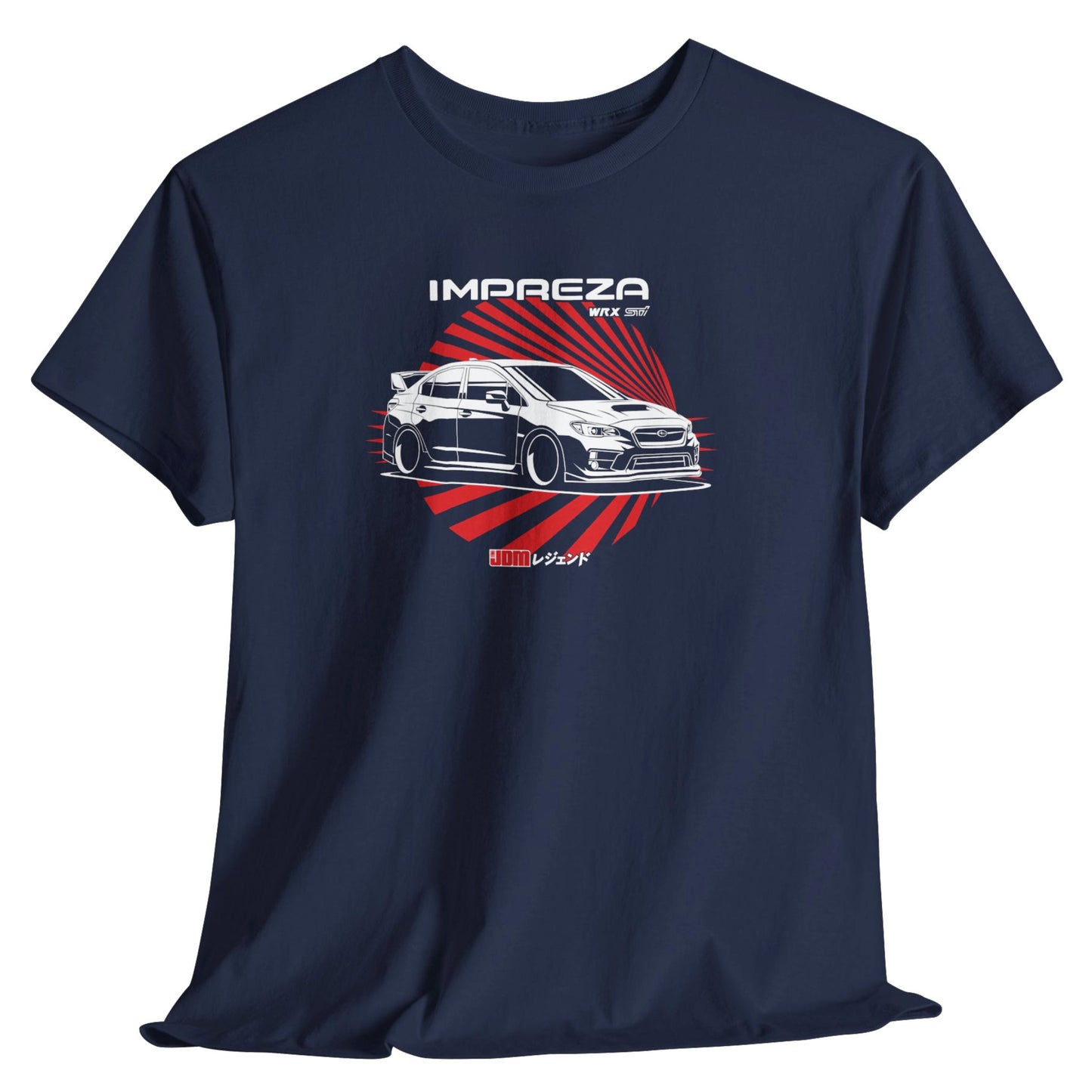 Navy blue t-shirt with Subaru Impreza graphic on a white background