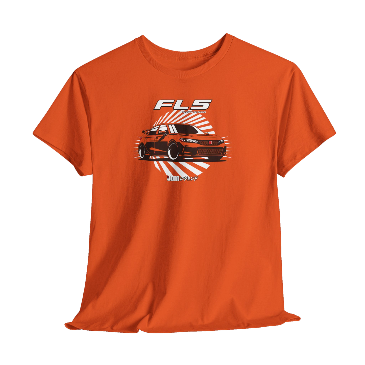 Orange t-shirt with car graphic and 'FL5' text on a white background
