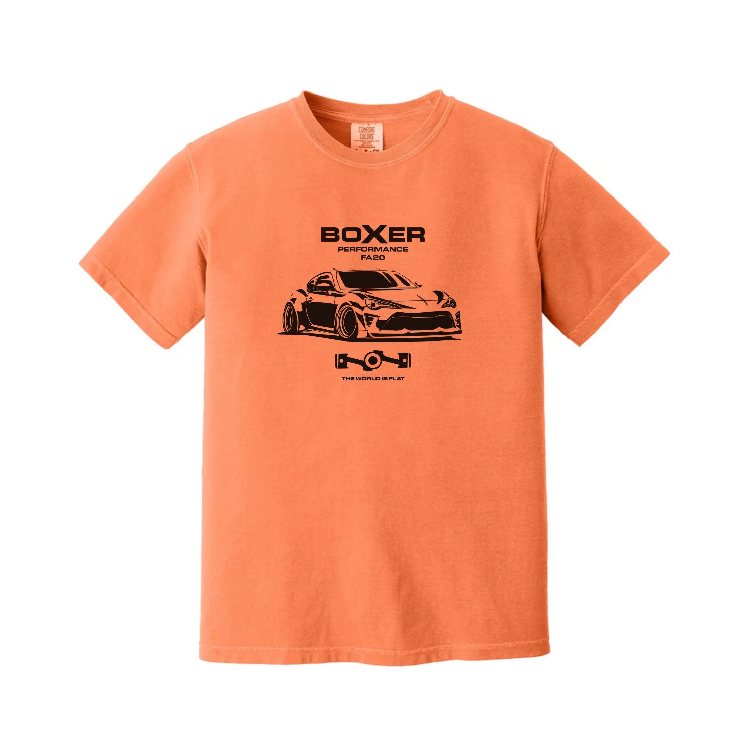 Orange t-shirt with black car graphic and 'Boxer Performance' text on a white background