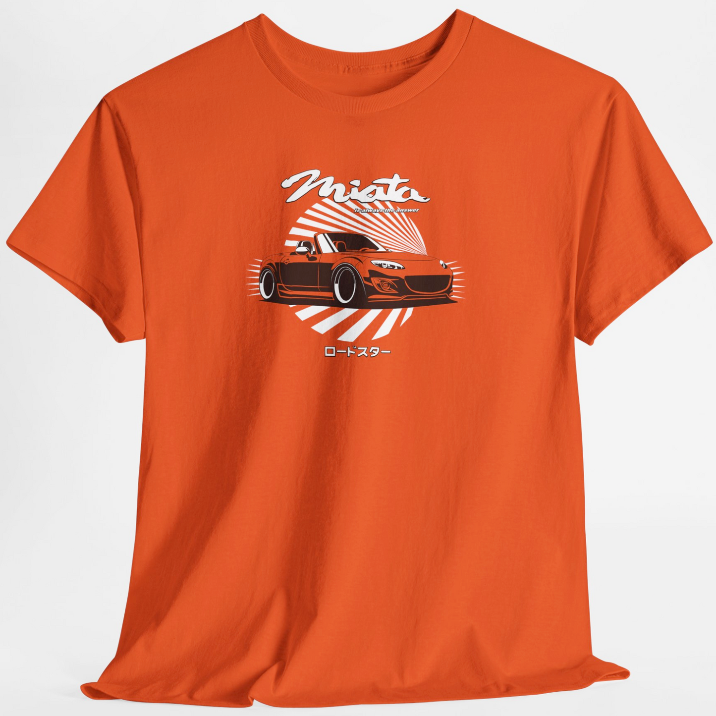 Orange t-shirt with a car graphic and text on a white background