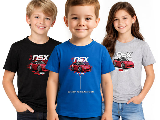 Three children wearing t-shirts with a red car design and 'NSX' text.