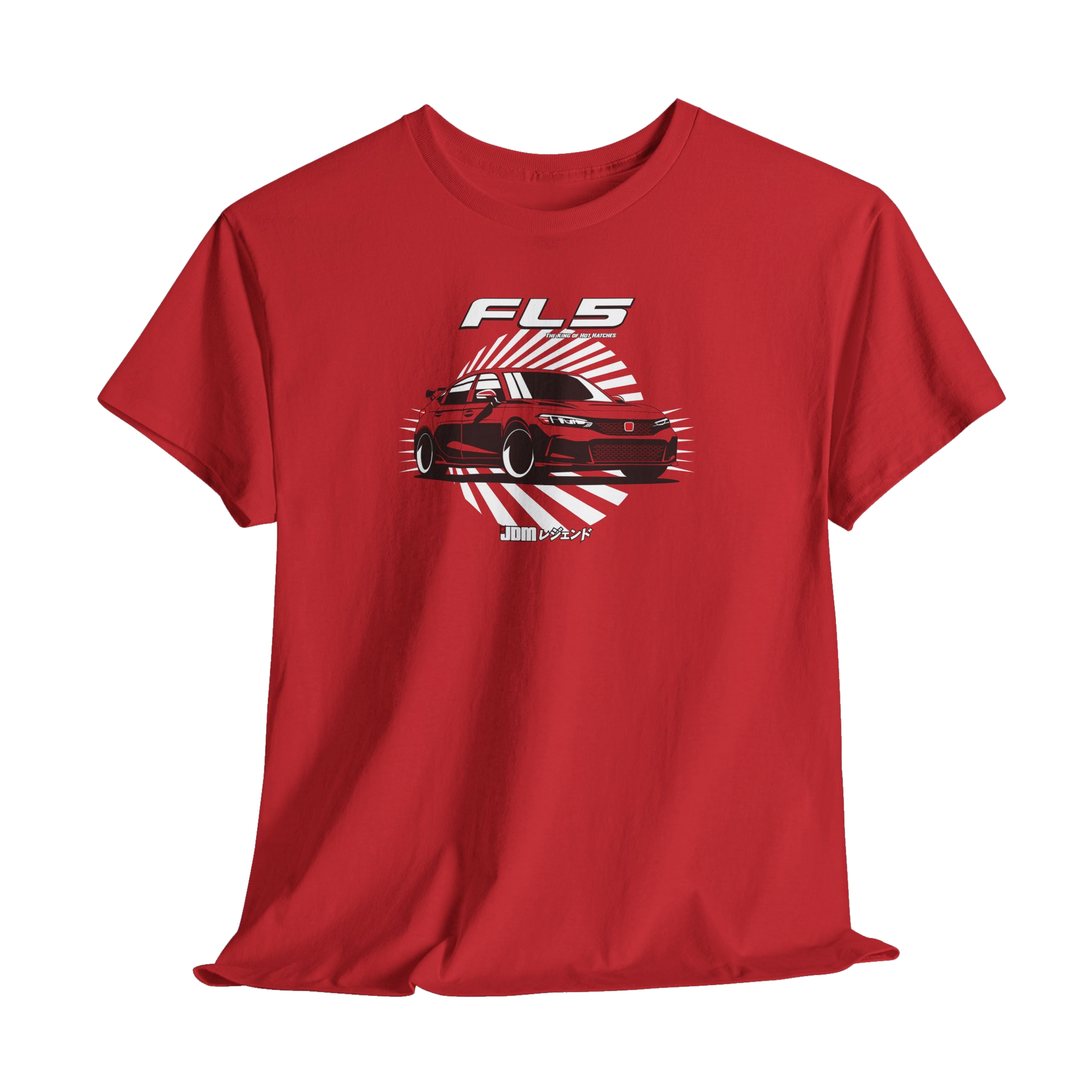 Red t-shirt with a car graphic and 'FL5' text on a white background