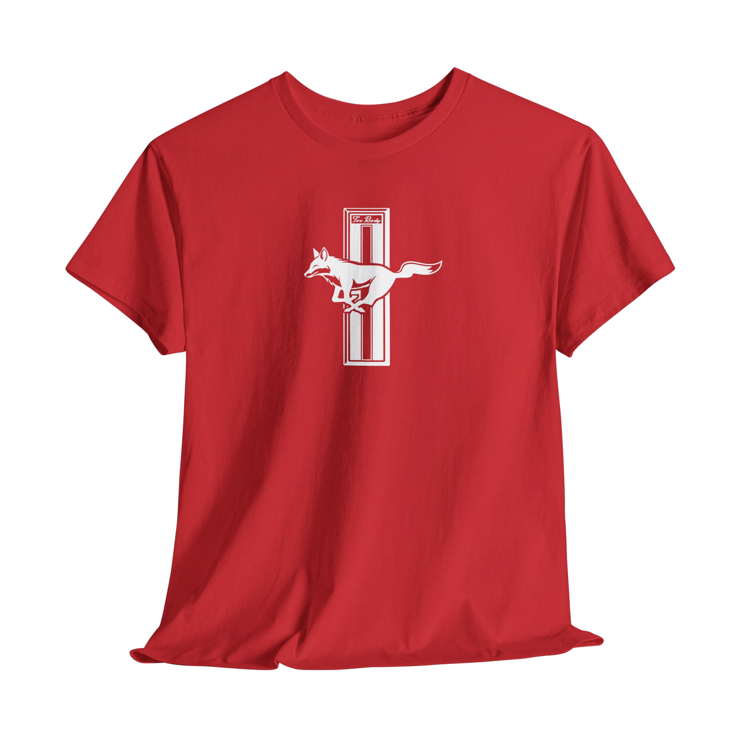 Red t-shirt with a white horse logo on a white background