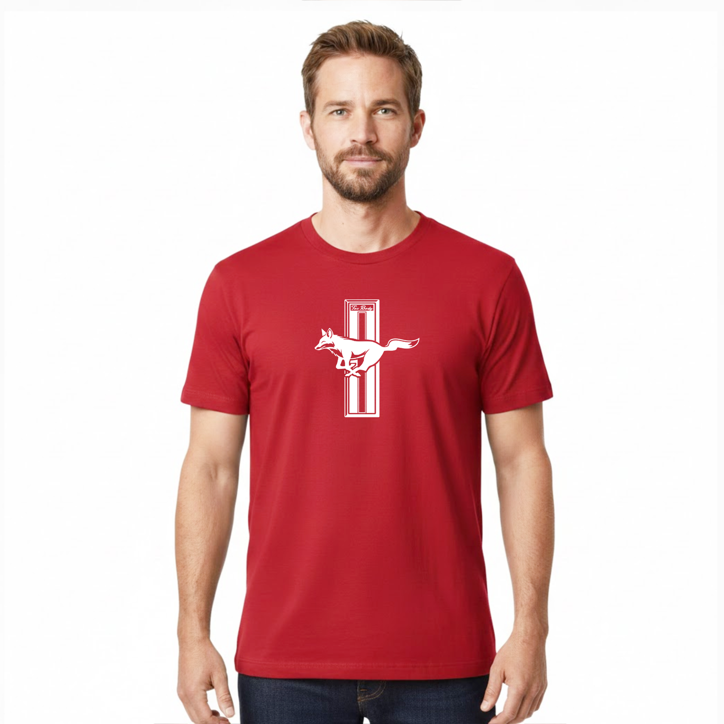 Man wearing a red t-shirt with a logo on a white background