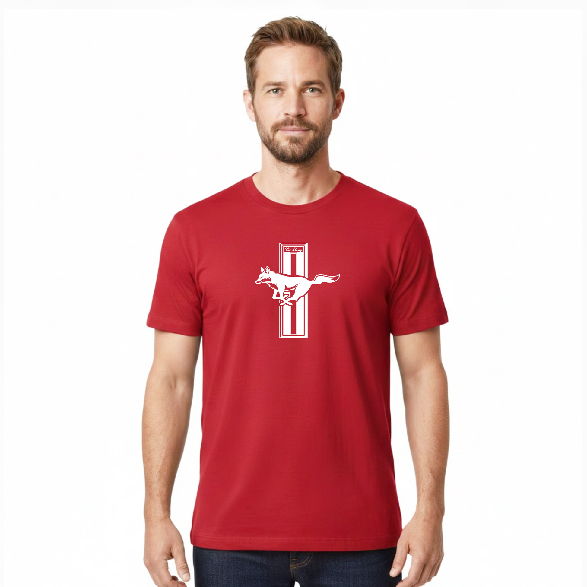 Man wearing a red t-shirt with a logo on a white background