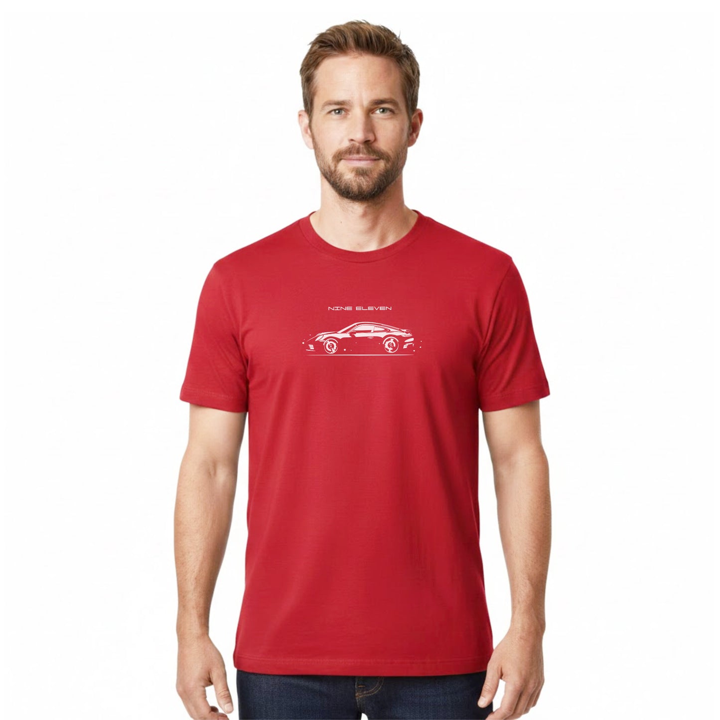 Man wearing a red t-shirt with a white car graphic on a white background