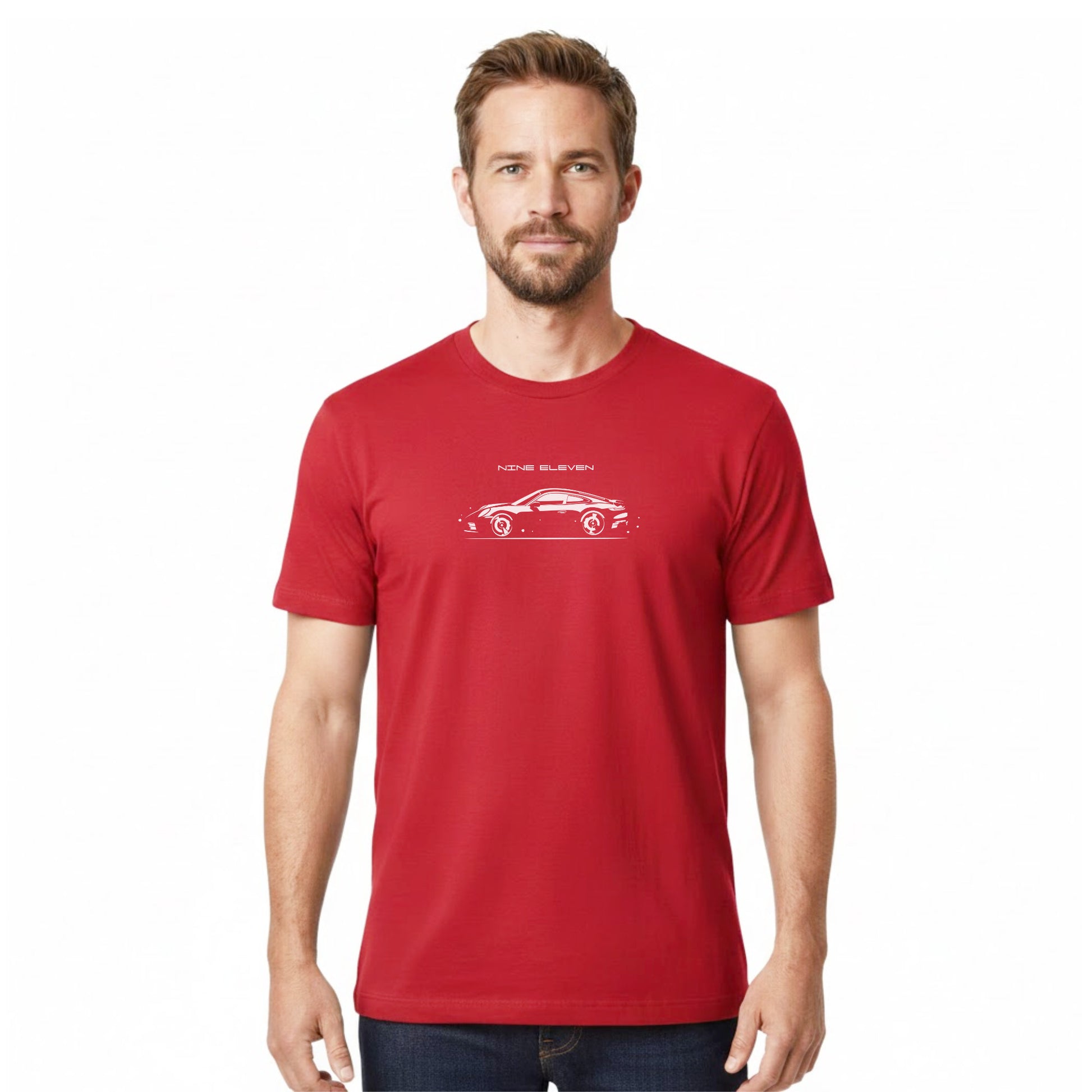 Man wearing a red t-shirt with a white car graphic on a white background
