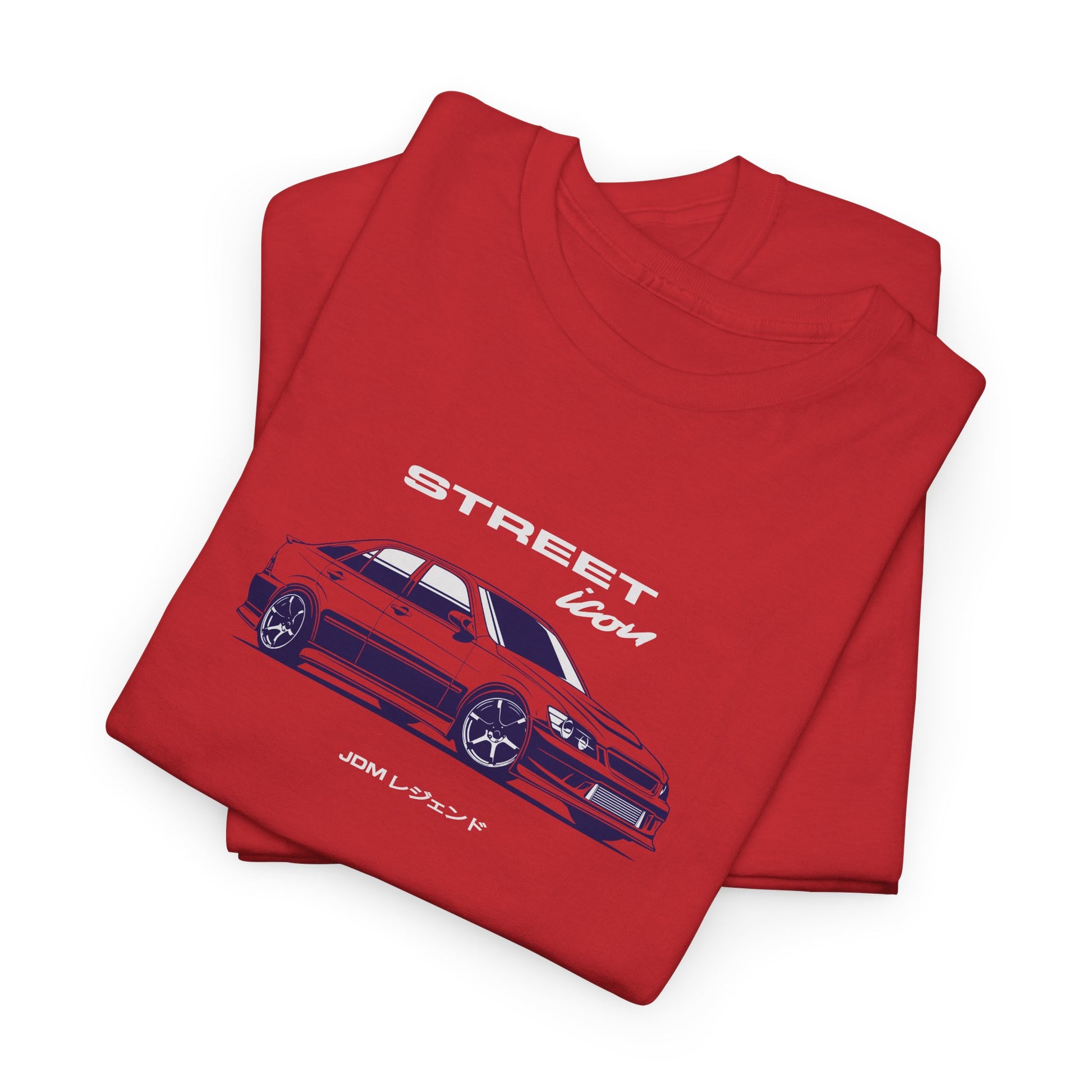 Red t-shirt with car graphic and 'Street icon' IS200 text on a white background