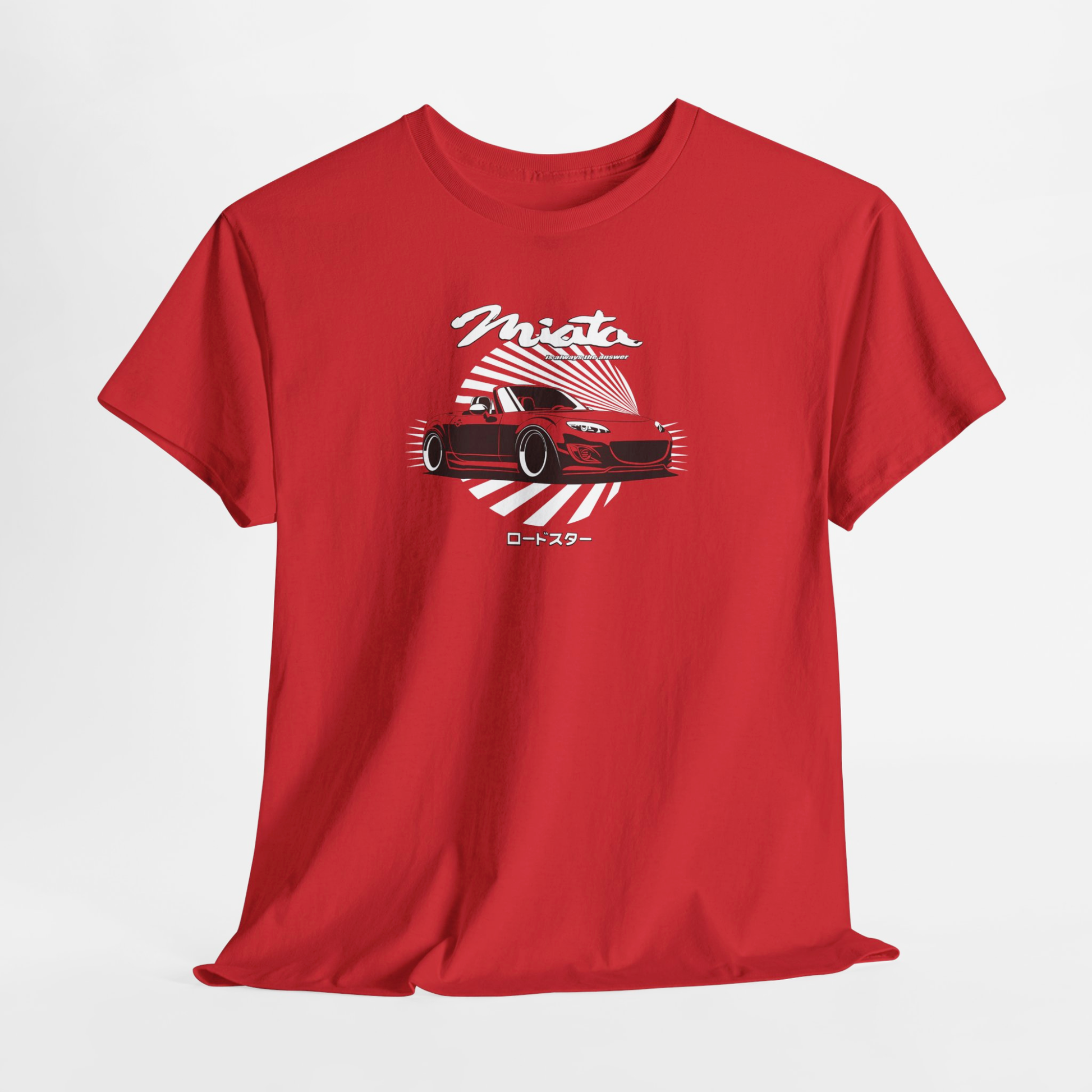 Red t-shirt with a graphic design of a car and text on a white background
