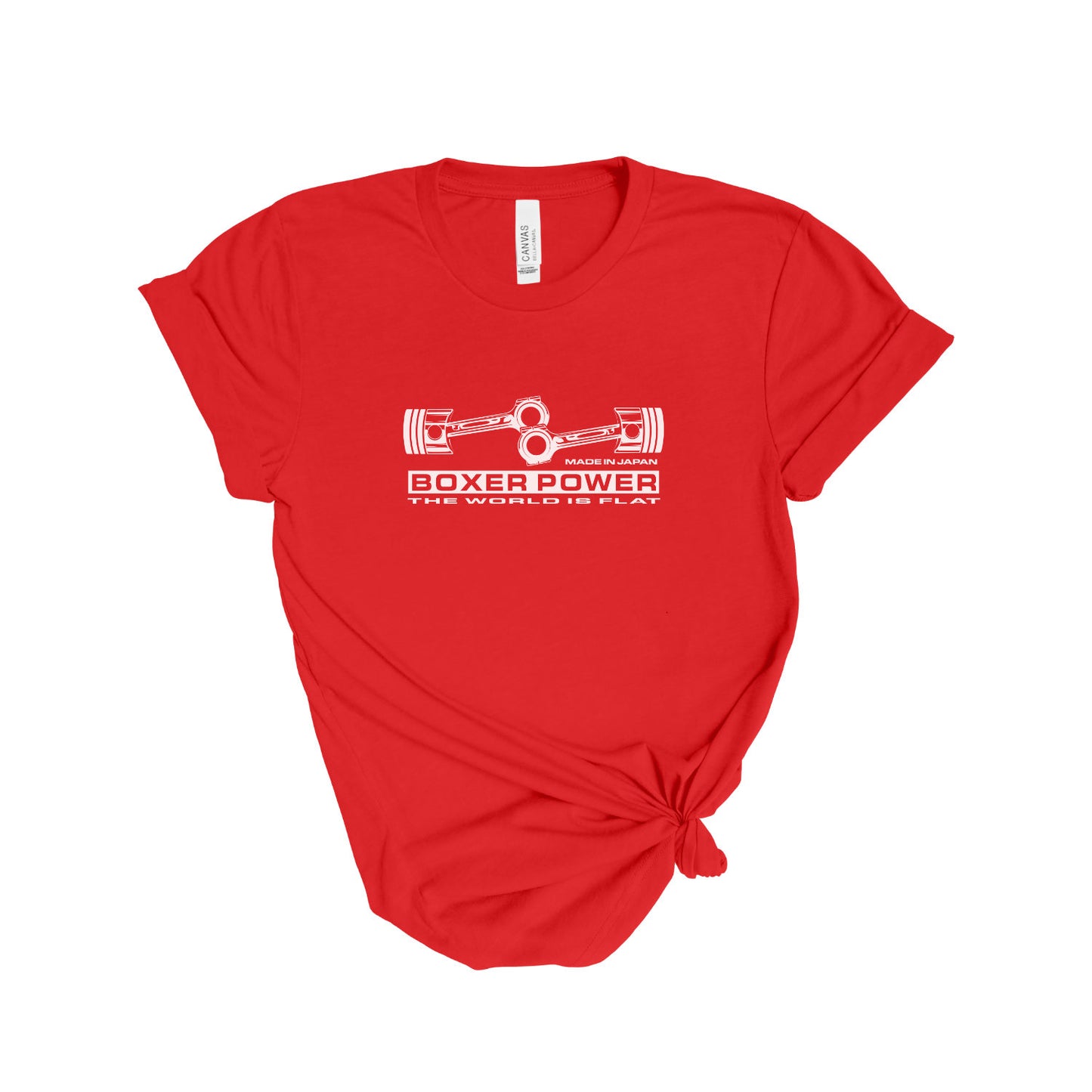 Red t-shirt with white JDM Boxer engine graphic and text on a white background
