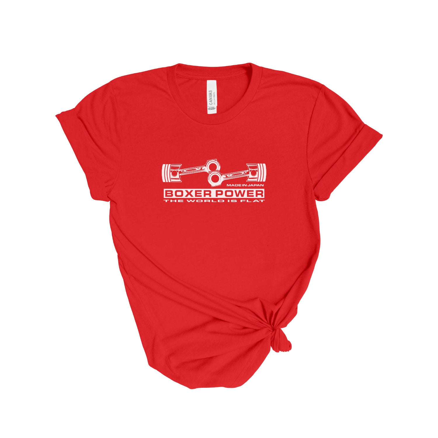 Red t-shirt with white JDM Boxer engine graphic and text on a white background