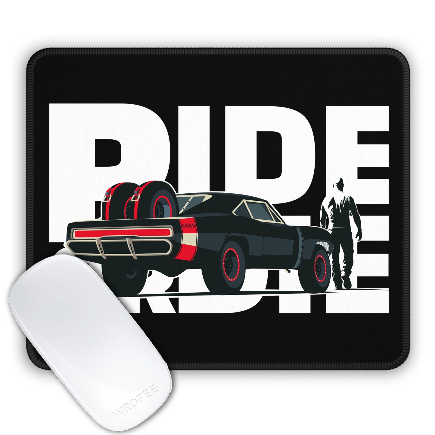 Mouse pad with a car design and 'RIDE or Die' text, featuring a white mouse on a black background.