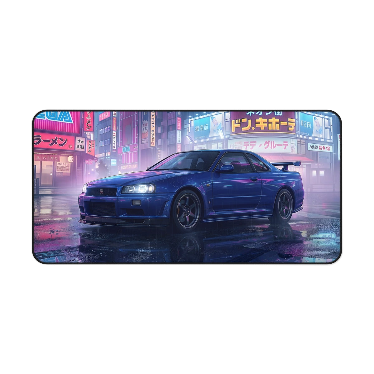 Blue GTR R34 JDM car on a neon-lit city street with anime-style graphics