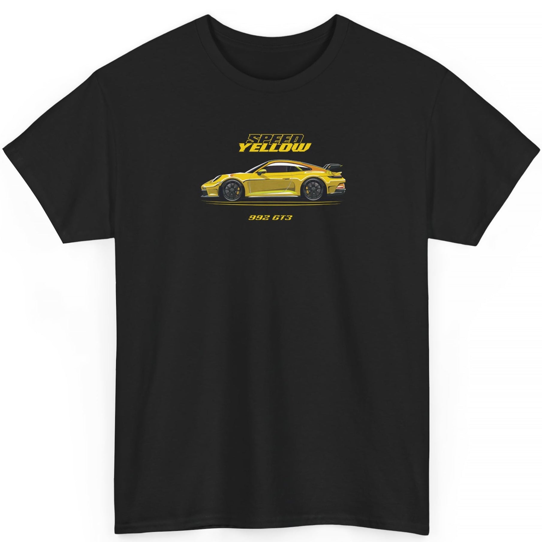 A black T-shirt of Speed yellow color 911 gt3