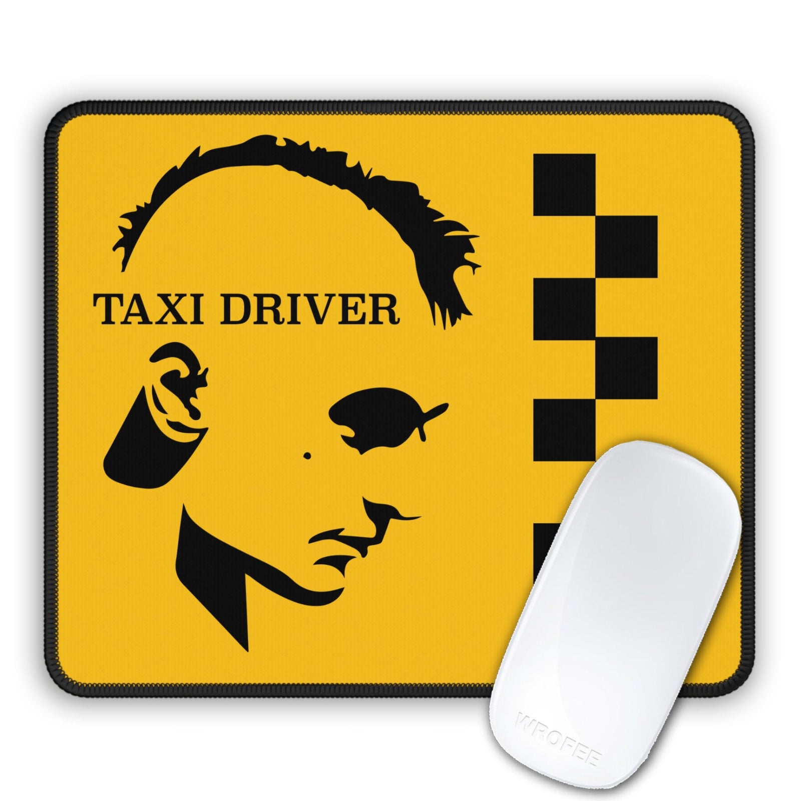 Mouse pad with 'Taxi Driver' design featuring a silhouette of a face and taxi cab pattern on a yellow background.