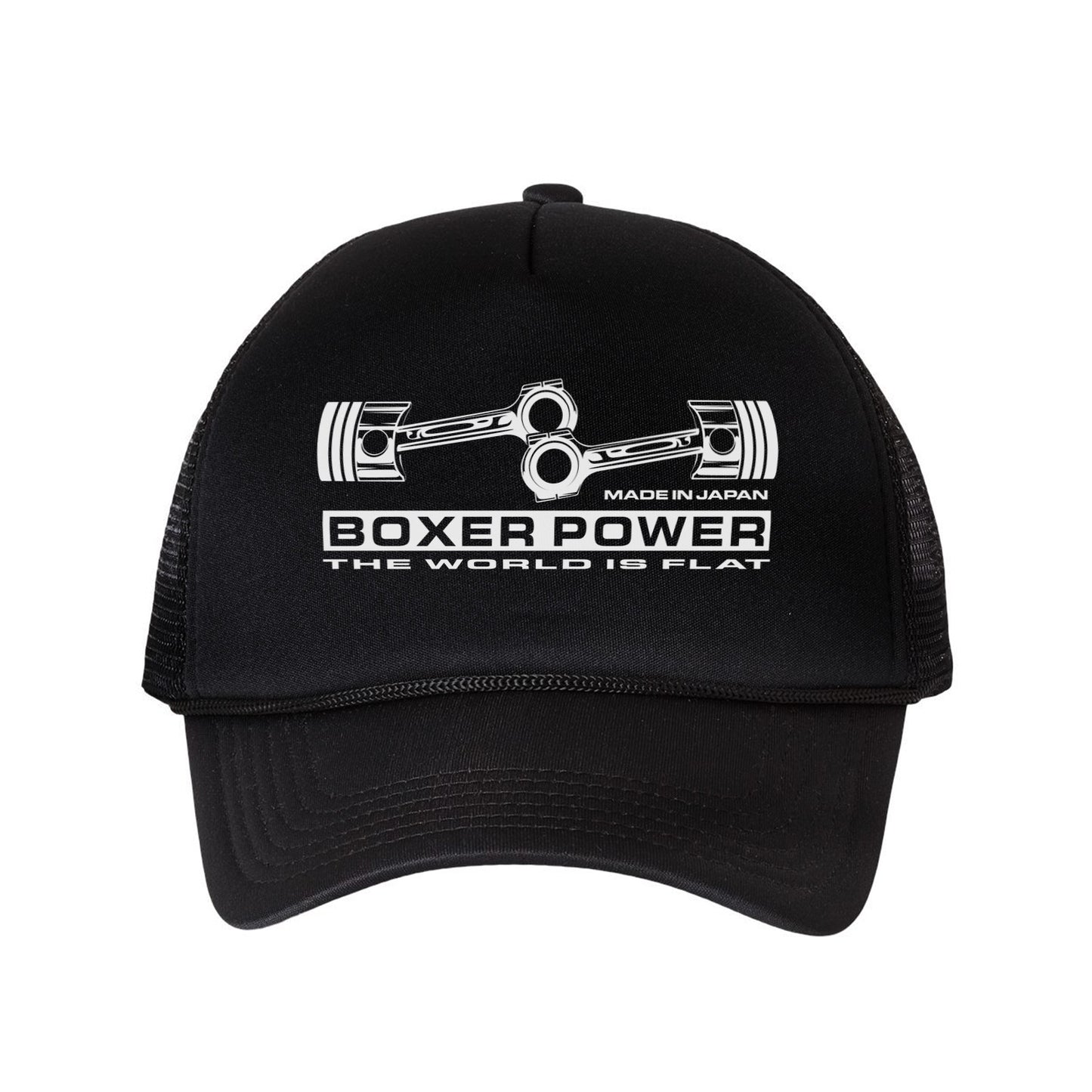 Black cap with boxer engine design and text on a white background
