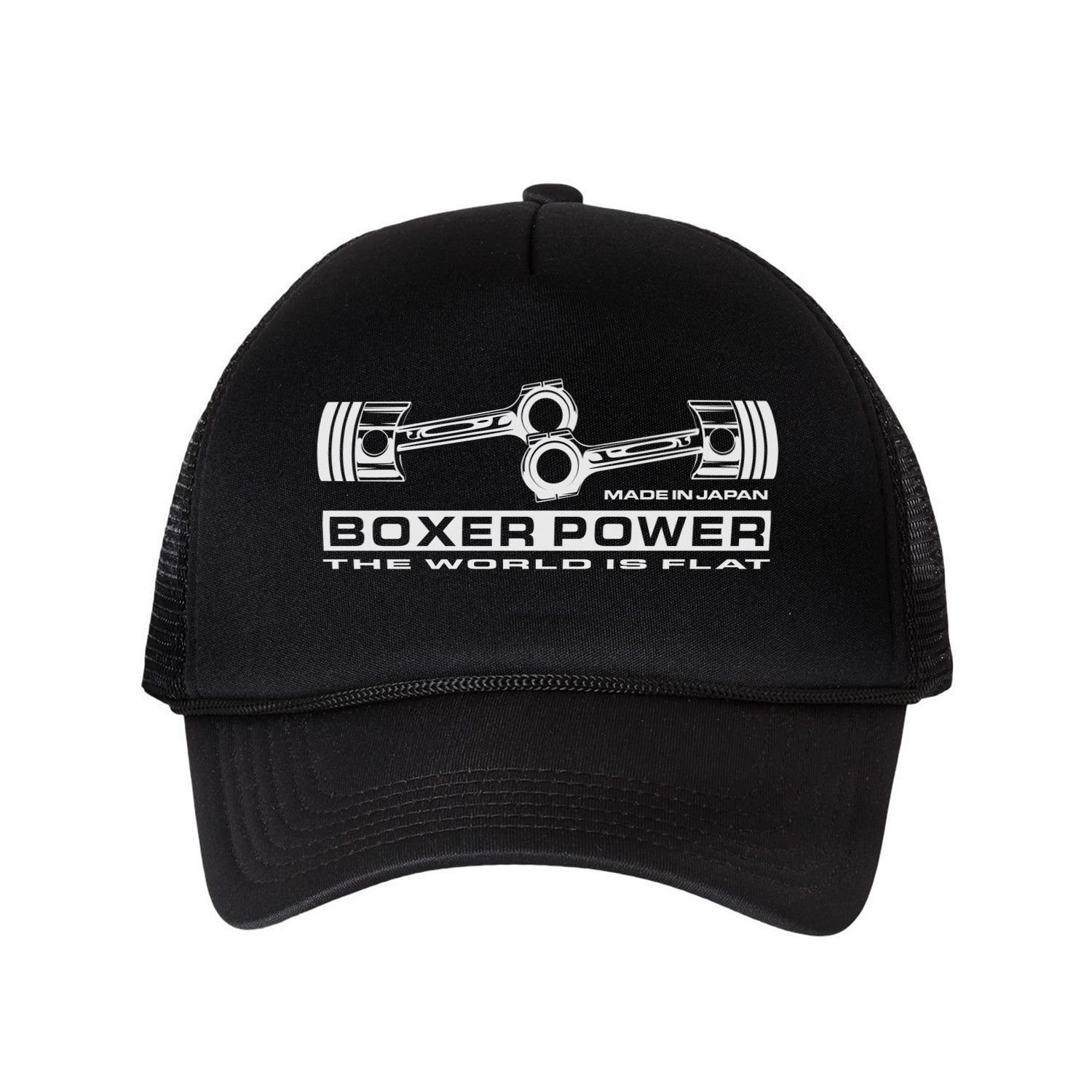 Black cap with boxer engine design and text on a white background