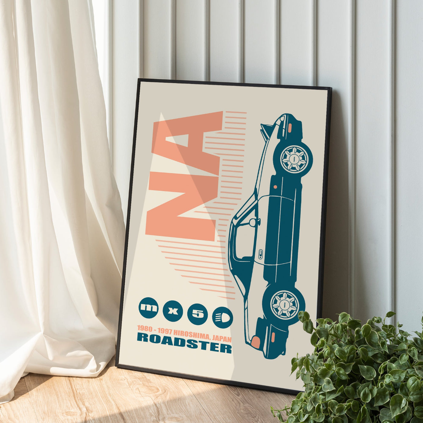 Framed poster of a car design with 'ANA' branding on a wall.