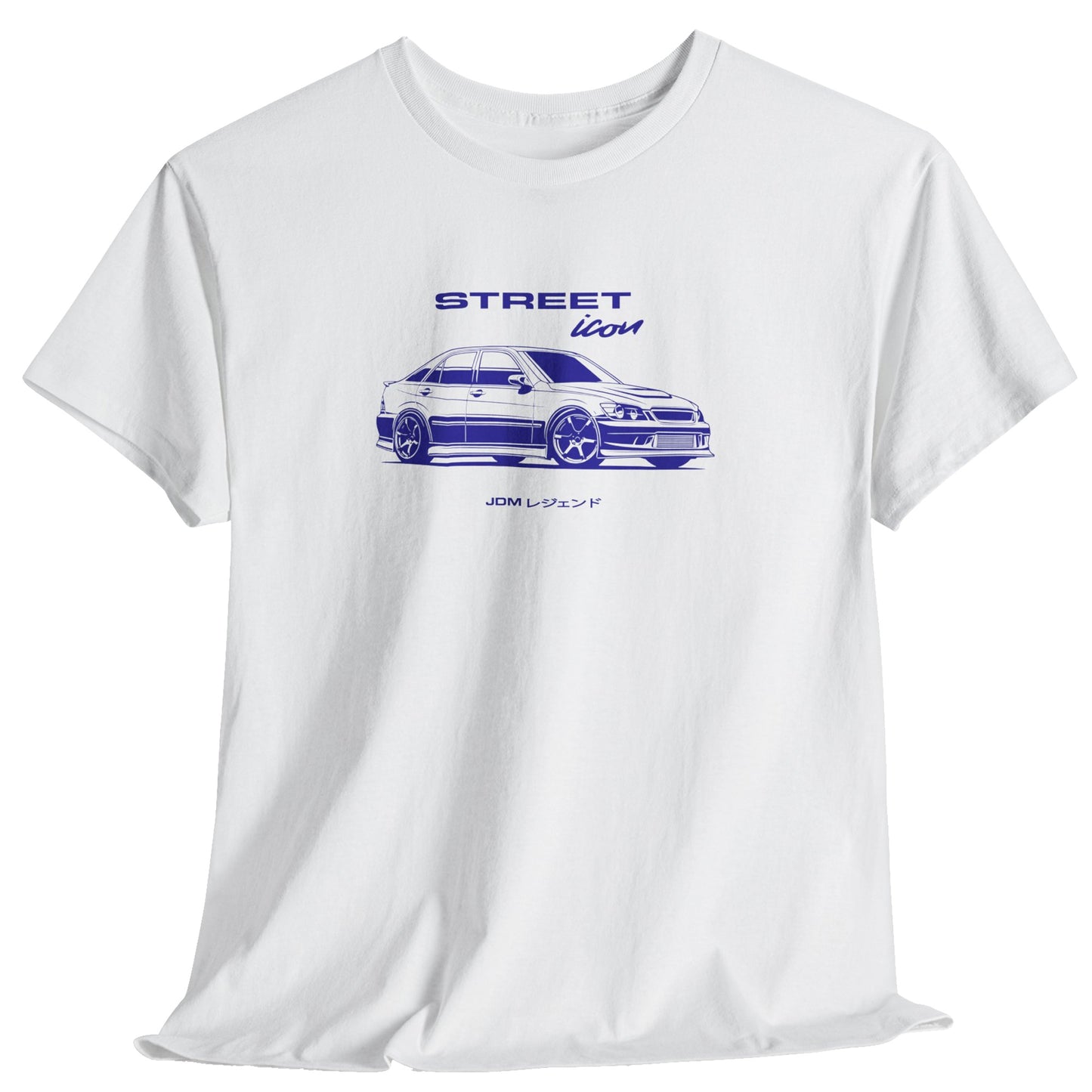 White t-shirt with a blue Altezza JDM car graphic and text on a white background