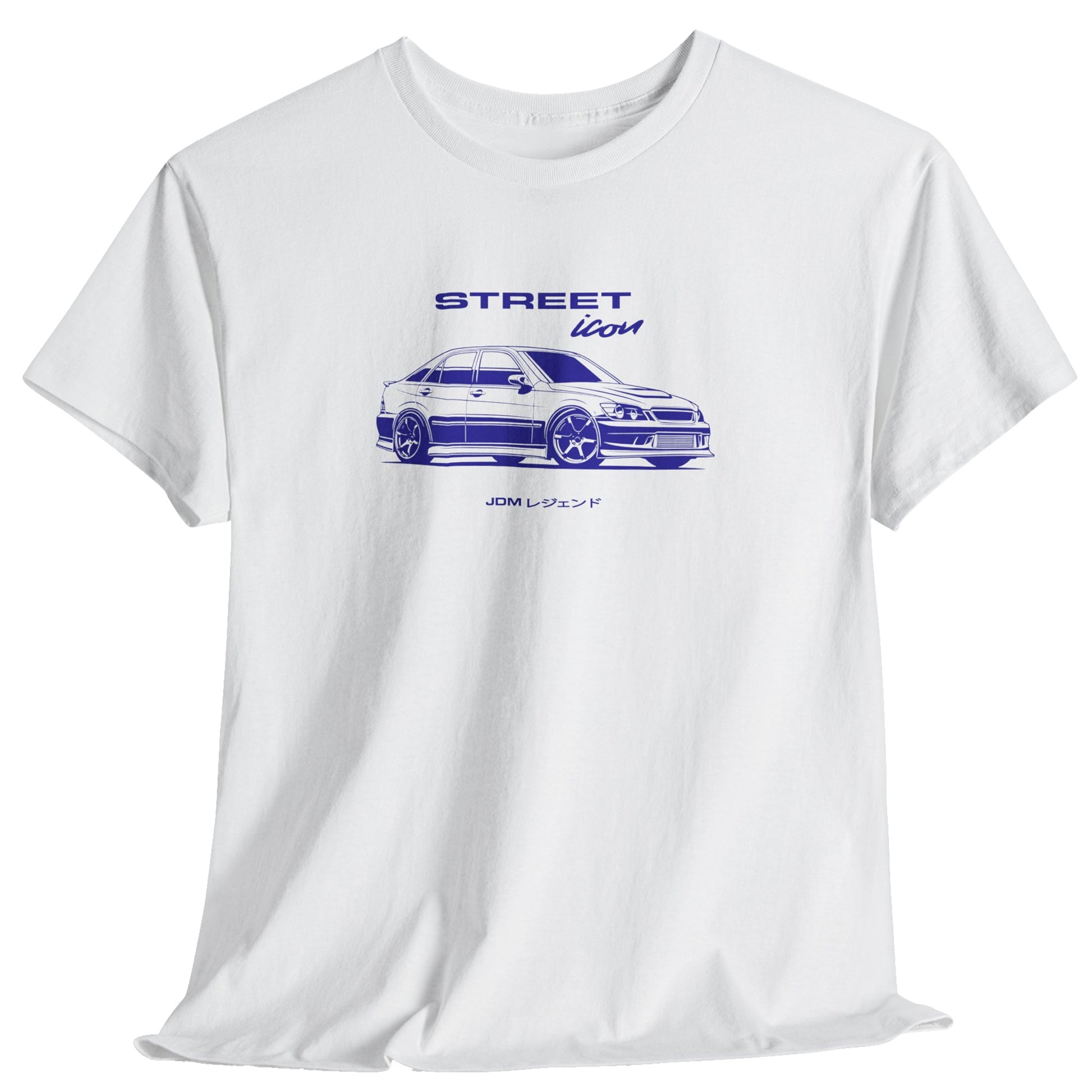 White t-shirt with a blue Altezza JDM car graphic and text on a white background