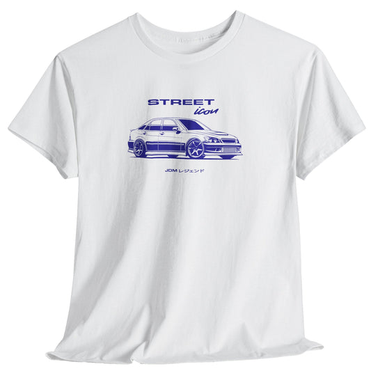 White t-shirt with a blue Altezza JDM car graphic and text on a white background