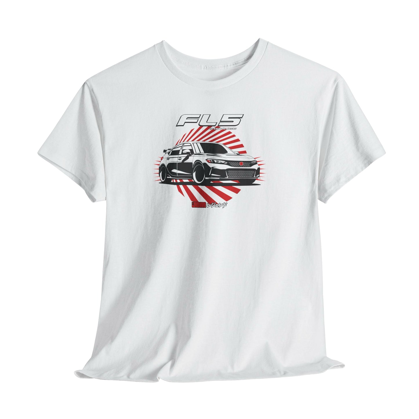 White t-shirt with a car graphic and 'FLS' branding on a white background