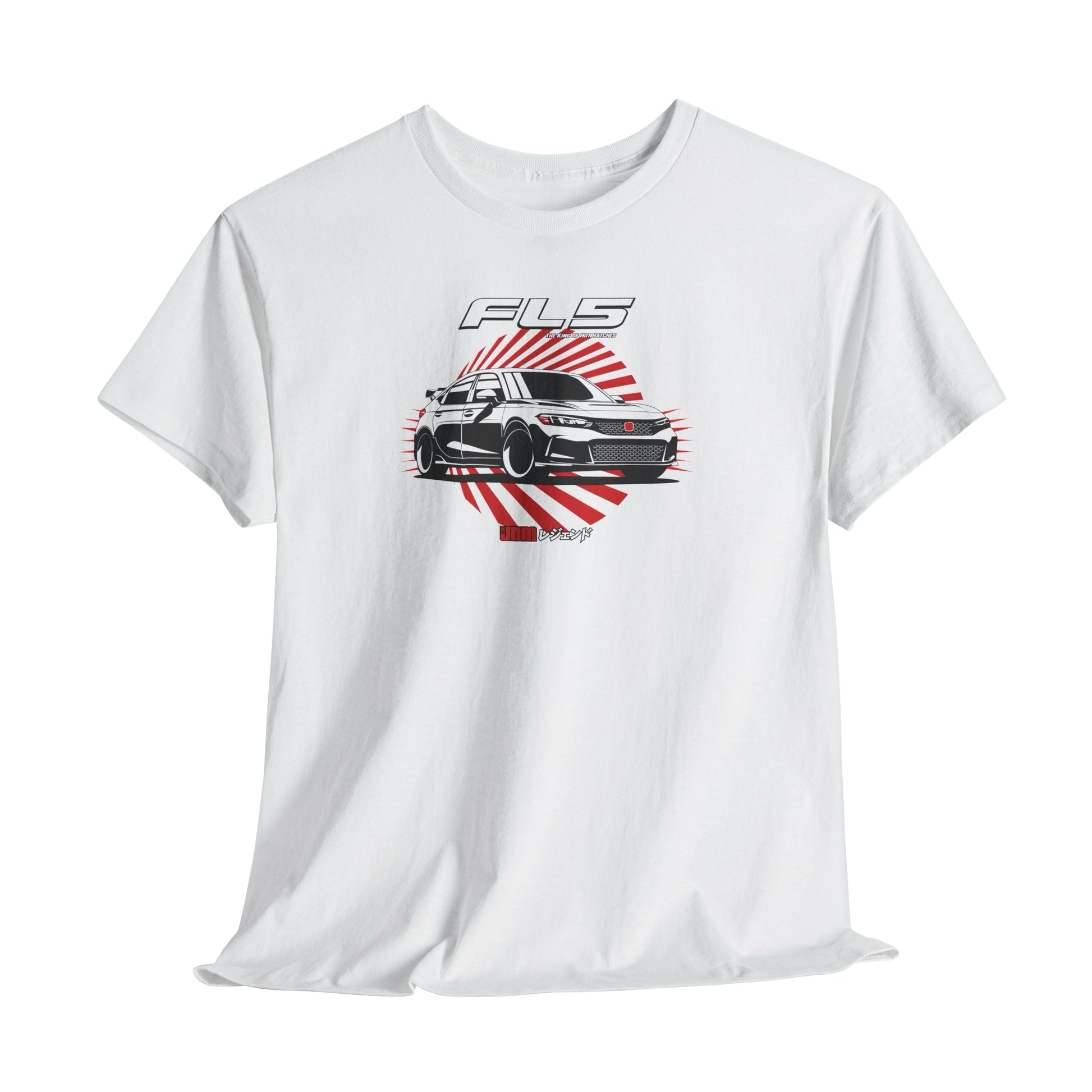 White t-shirt with a car graphic and 'FLS' branding on a white background