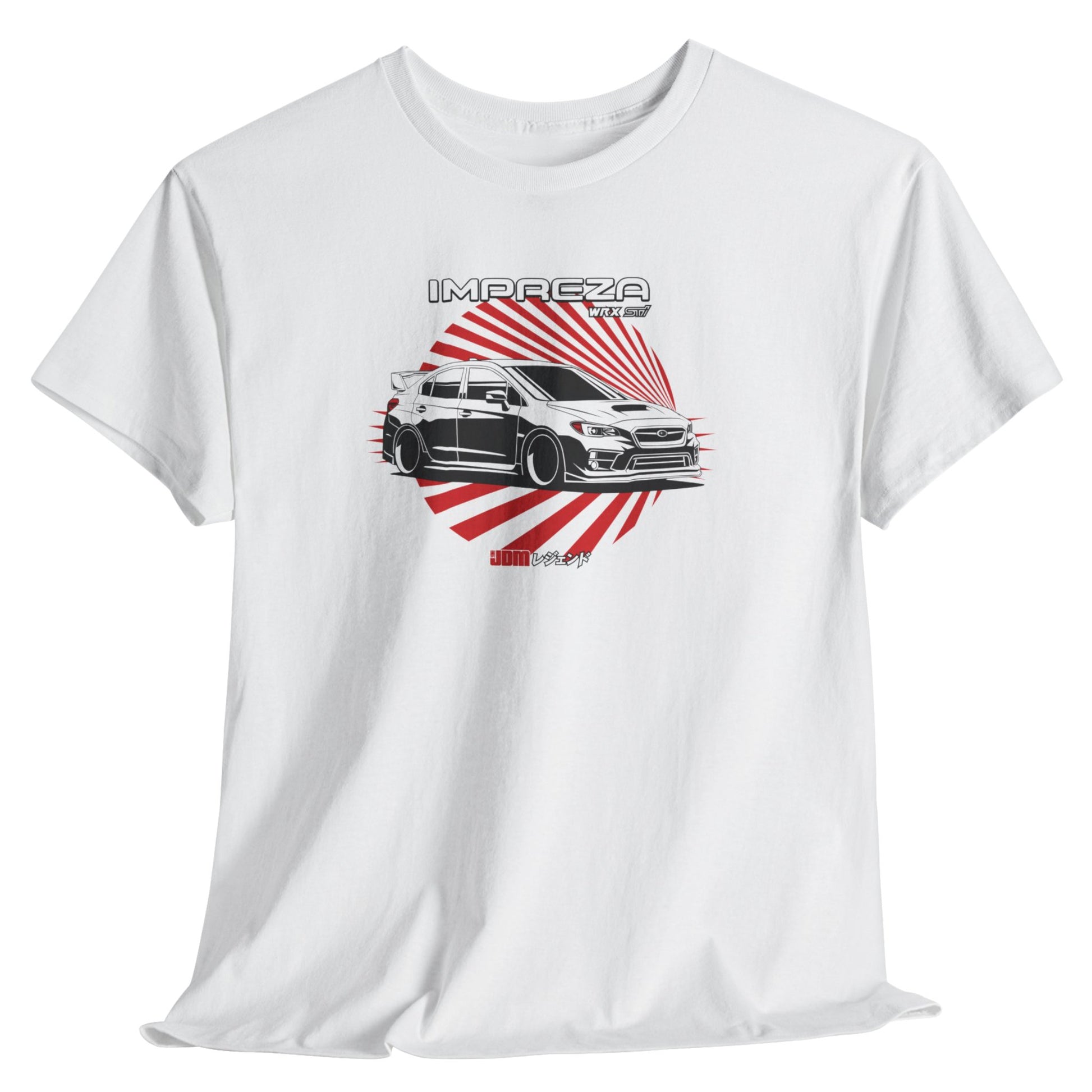 White t-shirt with a graphic of a car and 'Impreza' text on a white background