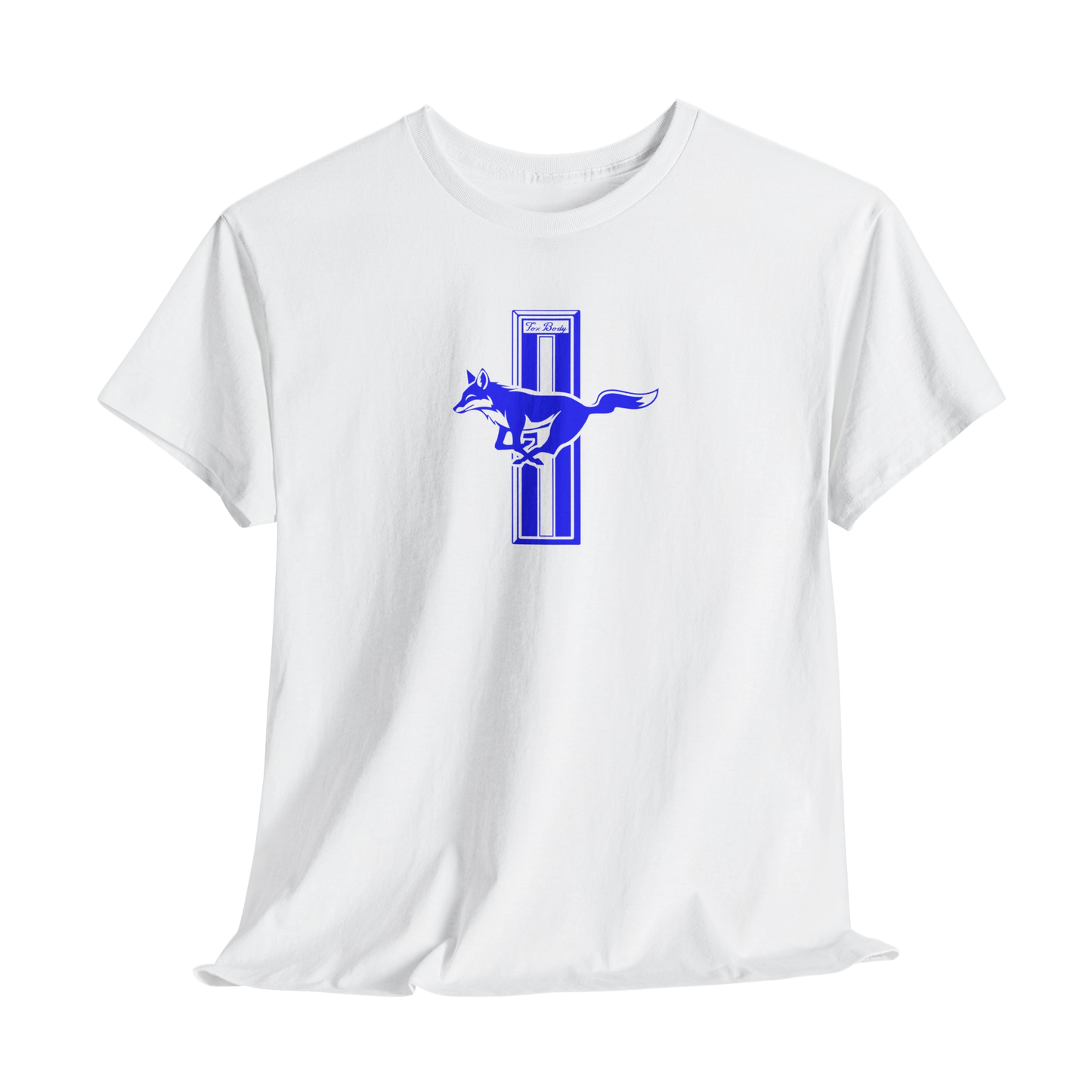 White t-shirt with a blue graphic of a muscle car