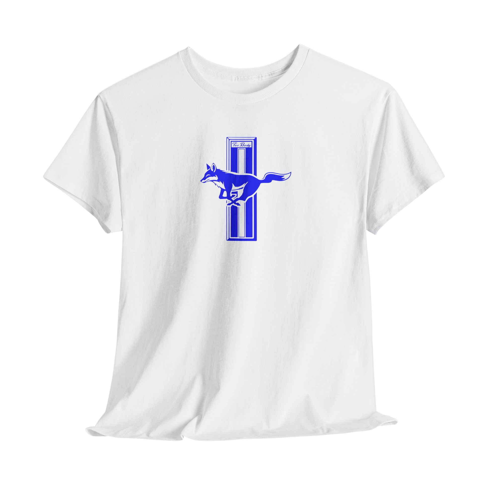 White t-shirt with a blue graphic of a muscle car