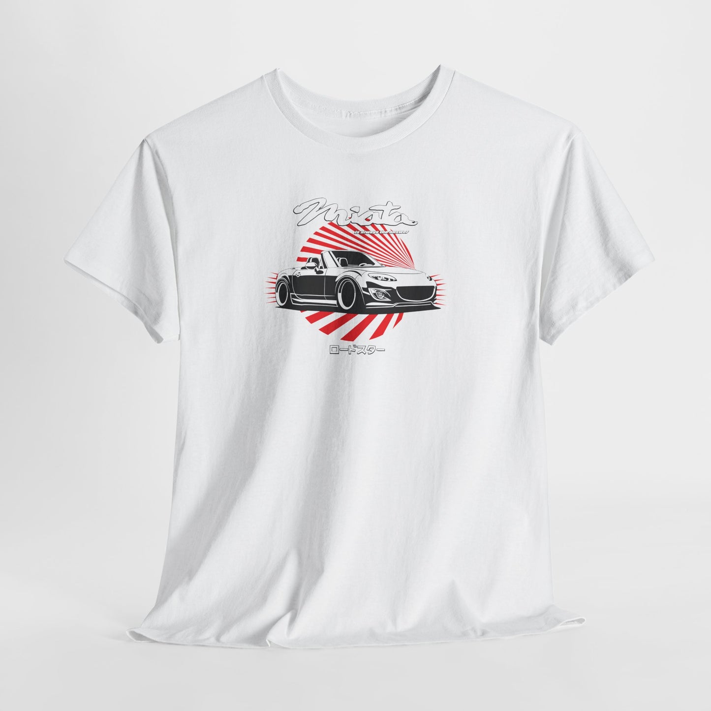 White t-shirt with a car graphic and text on a light gray background