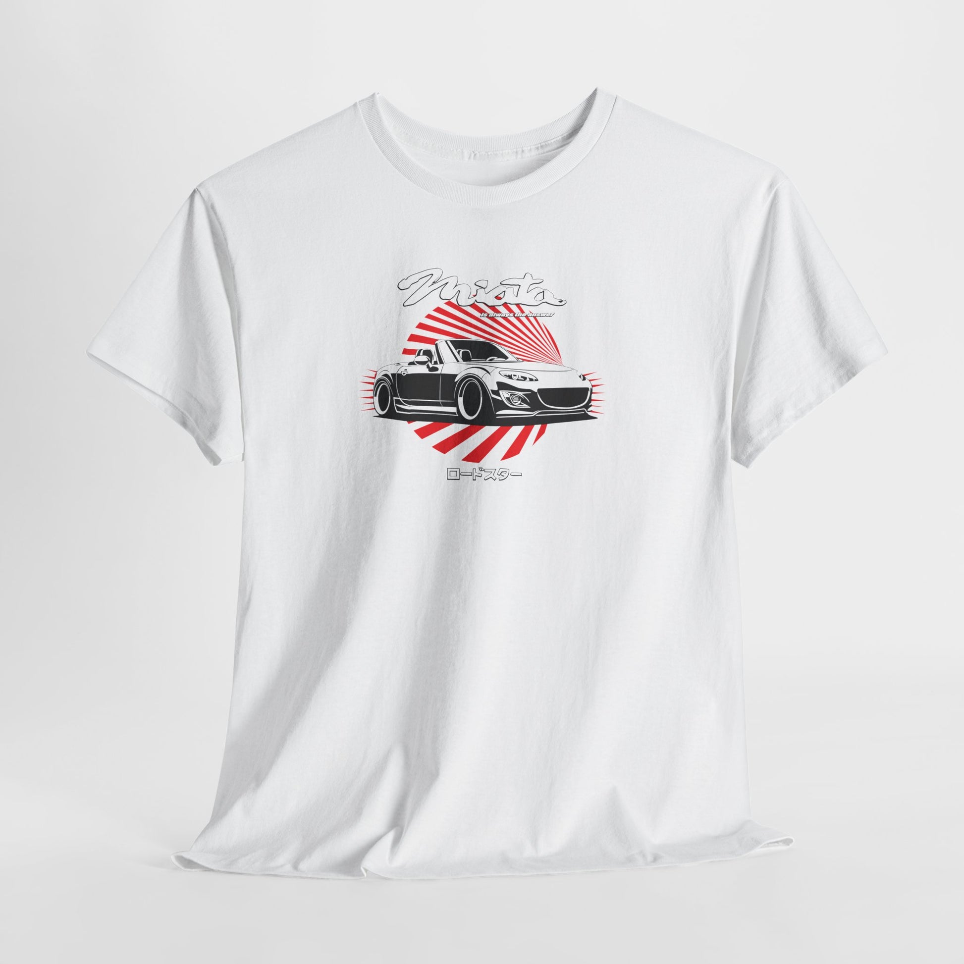 White t-shirt with a car graphic and text on a light gray background
