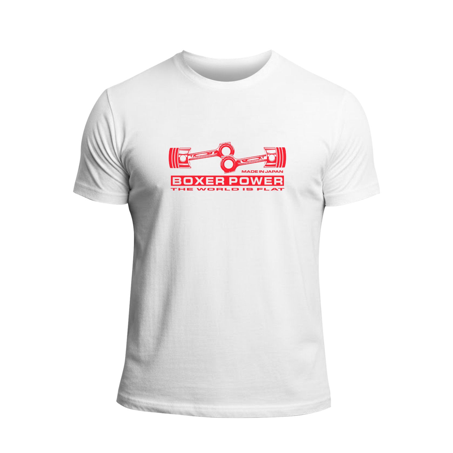 White t-shirt with red Boxer Motor graphic and text on a white background