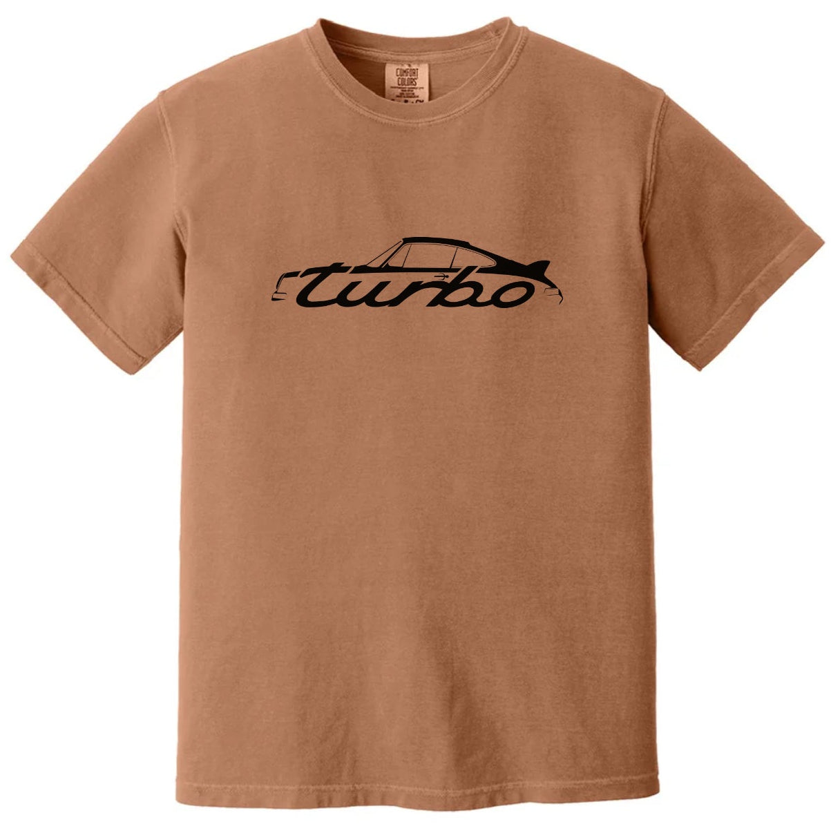 Brown t-shirt with 'turbo' graphic on a white background